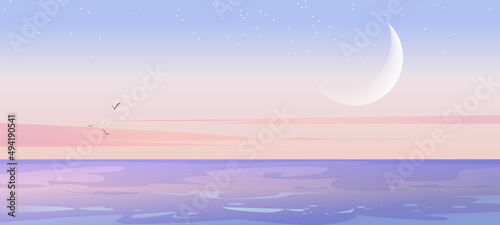 Fototapeta Naklejka Na Ścianę i Meble -  Sea landscape with moon and stars in sky in early morning. Vector cartoon illustration of peaceful nature scene with seascape, ocean lagoon or lake after sunset