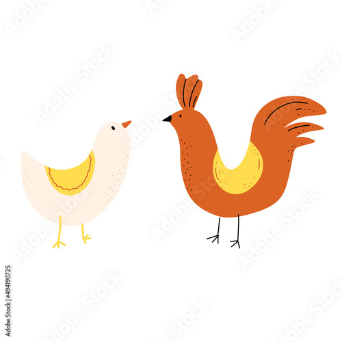 Vector illustration of chicken  hen  rooster in cartoon doodle style
