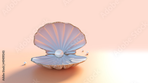 Фотография Open shell with a pearl on light sunshine background