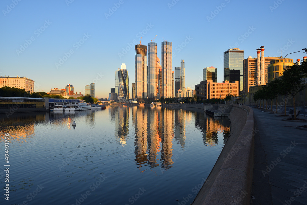 Moscow International Business Center (MIBC) Moscow-City on Krasnopresnenskaya Embankment in Moscow, Russia. Early morning. Sunrise.