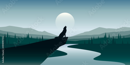 wolf howls at full moon blue nature landscape
