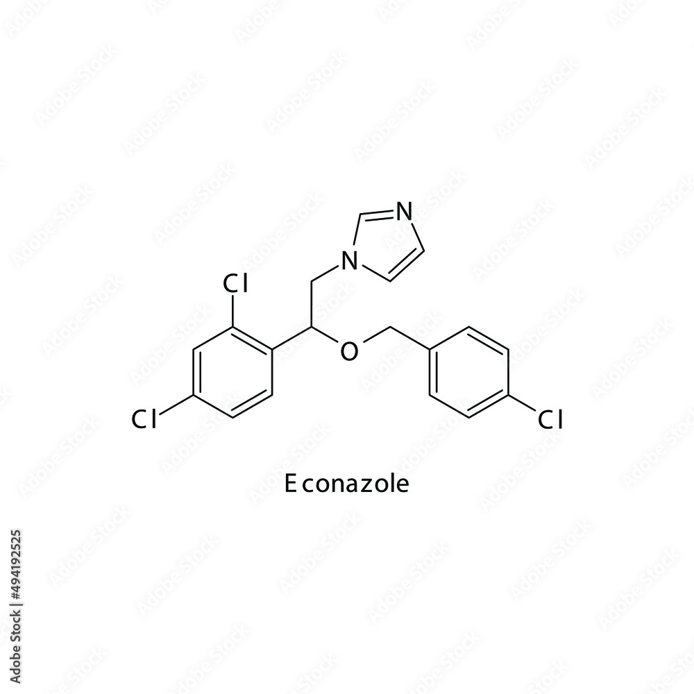 Econazole molecular structure, flat skeletal chemical formula. Azole antifungal drug used to treat Fungal body and skin infections . Vector illustration. Econazole molecular structure, flat skeletal chemical formula. Azole antifungal drug used to treat Fungal body and skin infections . Vector illustration.