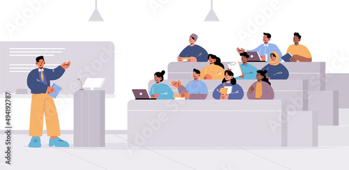 Students in lecture hall with teacher explain information. Learning process in university auditorium with scholars and professor in seminar, education, studying concept, Line art vector illustration