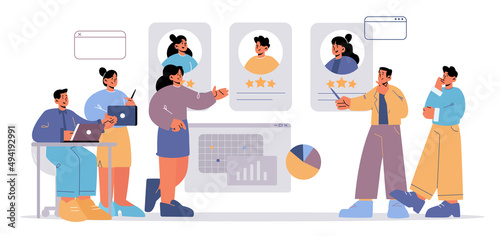 Hr, recruitment concept, business people choose best candidate for job. Hiring agency, human resource service, research and interviewing applicant for vacant work place, Line art vector illustration