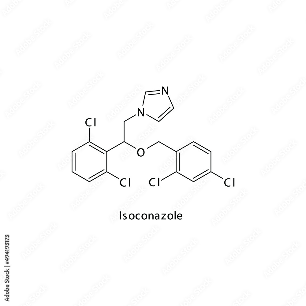 Isoconazole molecular structure, flat skeletal chemical formula. Azole antifungal drug used to treat Fungal body and skin infections . Vector illustration.