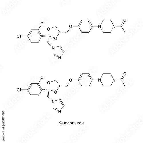 Ketoconazole molecular structure, flat skeletal chemical formula. Azole antifungal drug used to treat Fungal body and skin infections . Vector illustration. photo