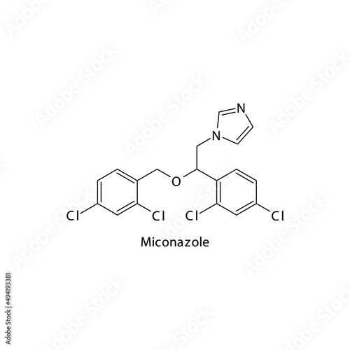 Miconazole molecular structure, flat skeletal chemical formula. Azole antifungal drug used to treat Fungal body and skin infections . Vector illustration.