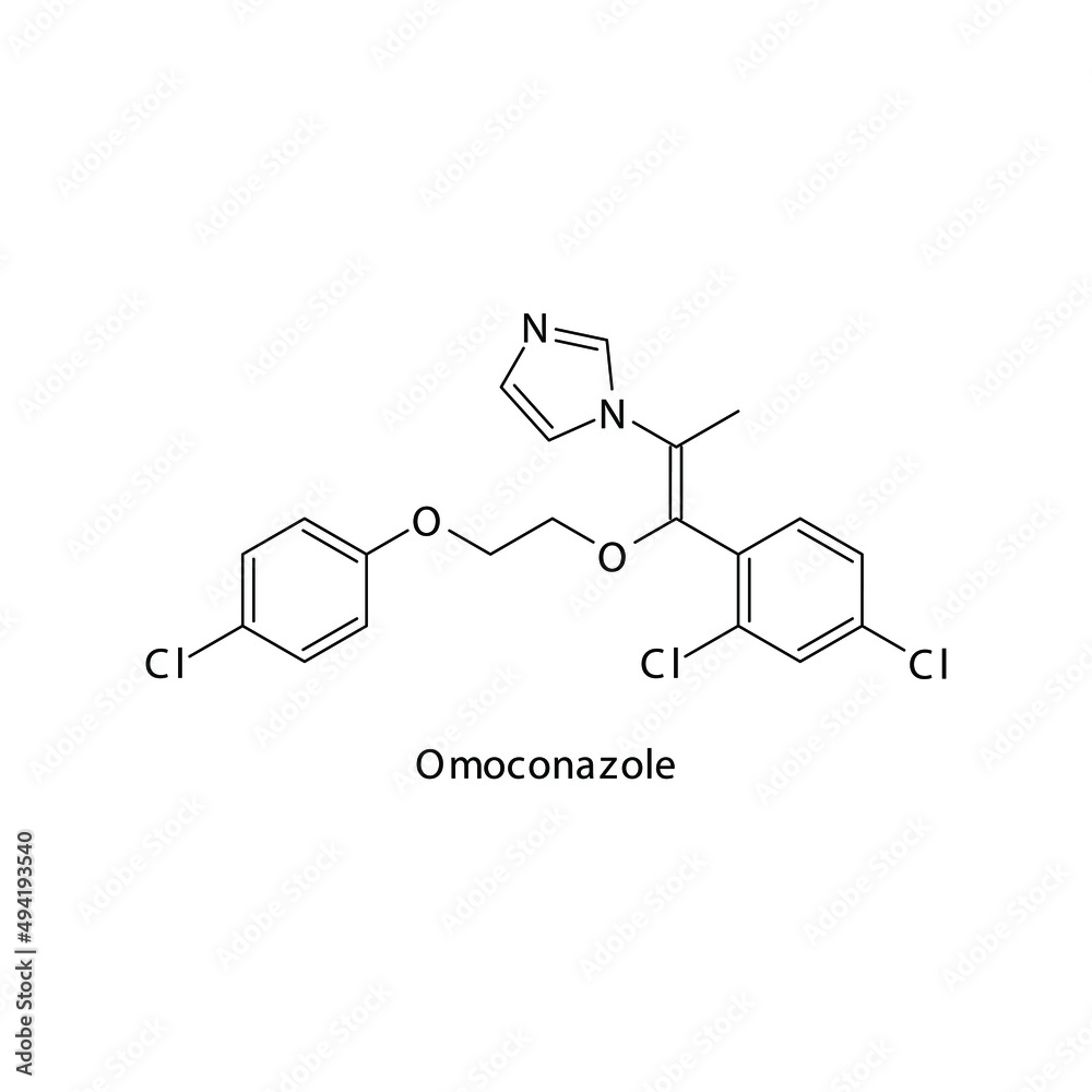 Omoconazole molecular structure, flat skeletal chemical formula. Azole antifungal drug used to treat Fungal body and skin infections . Vector illustration. Omoconazole molecular structure, flat skeletal chemical formula. Azole antifungal drug used to treat Fungal body and skin infections . Vector illustration.