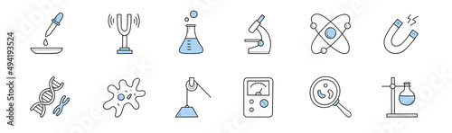 Set of science doodle icons, chemical laboratory equipment and scientific physics tools. Pipette, beaker, lab microscope, dna, microorganism cells, magnifying glass, meter Line art vector illustration