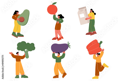 Tiny characters with huge healthy food fruits, vegetables and dairy products. People hold avocado, apple or tomato, broccoli, eggplant and bell pepper, eating balance, Line art vector illustration