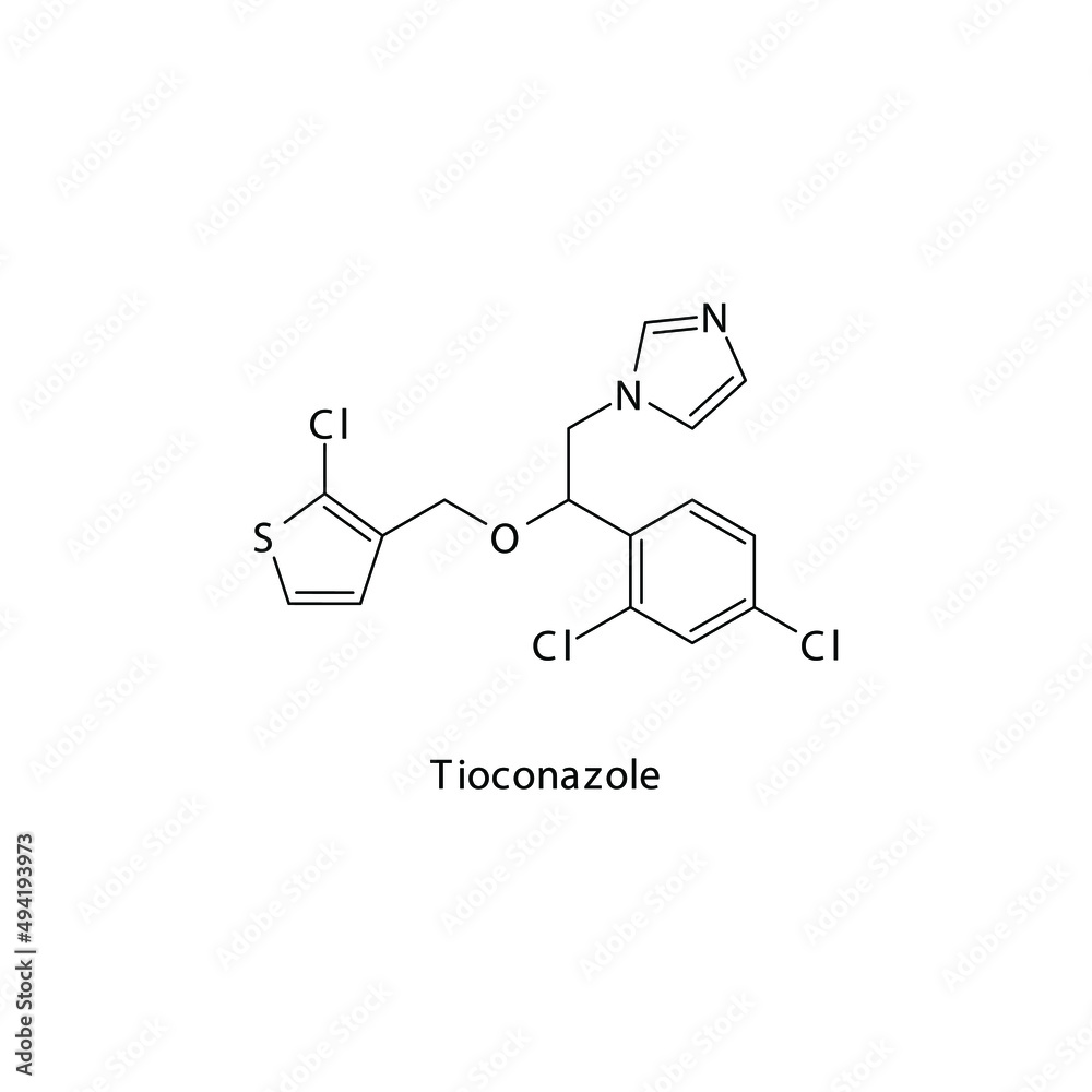 Tioconazole molecular structure, flat skeletal chemical formula. Azole antifungal drug used to treat Fungal body and skin infections . Vector illustration.