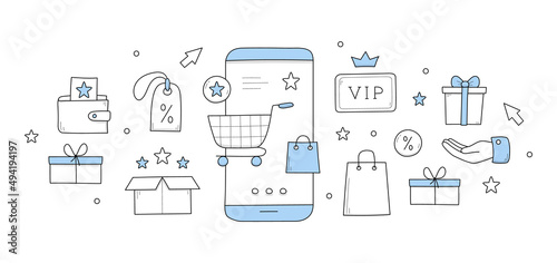 Loyalty program rewards doodle concept with shopping trolley at smartphone screen. Mobile application for vip clients, gift box, hand, percent sign, sale coupon star, box Line art vector illustration