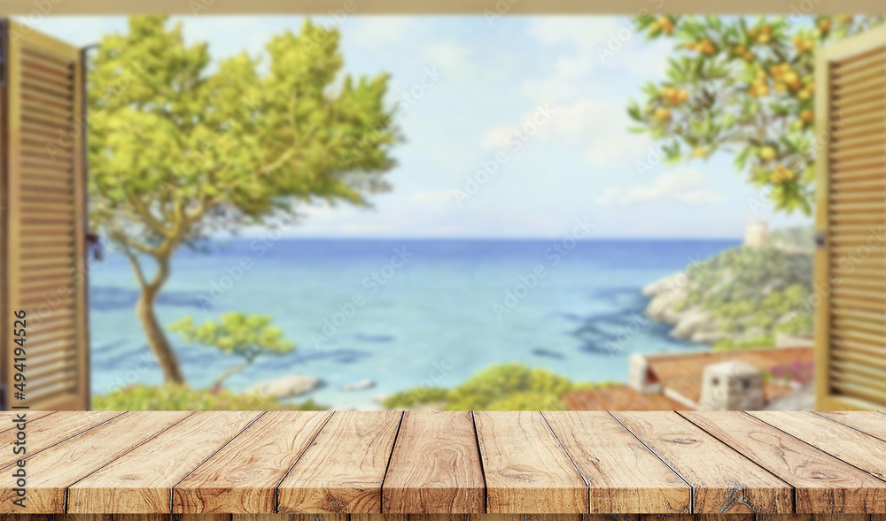 Fototapeta premium Empty wooden table with window in the beach on background 