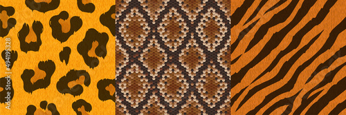 Textures of leopard, tiger and snake skin. Seamless patterns with african animals leather for textile print or game design. Vector background set of reptile and wild cats skin