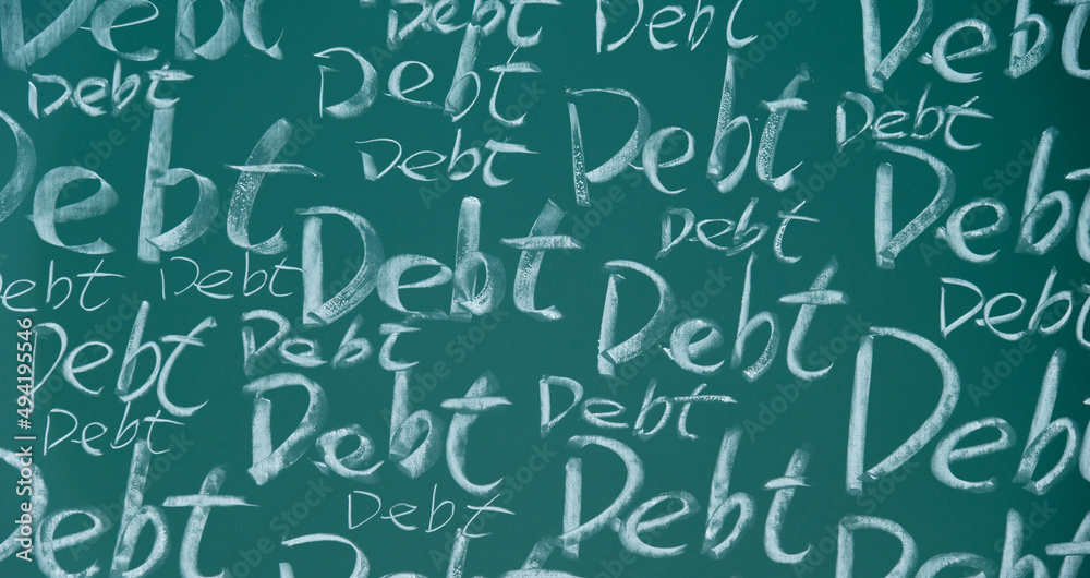 Many debt word written on chalkboard Many debt word written on chalkboard