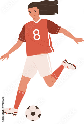 Young Female Soccer Player Running and Kicking Ball Illustration