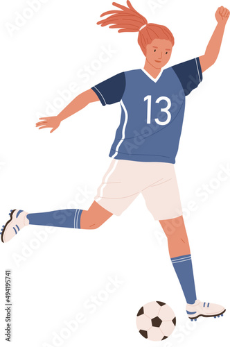 Young Female Soccer Player Running and Kicking Ball Illustration