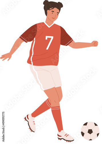 Young Female Football Player Running up to Kick Ball Illustration