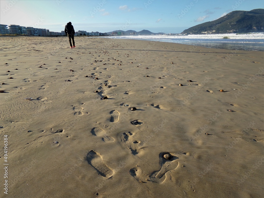 A man leaves his footprints on the sand of the beach.
A man leaves his footprints on the sand of the beach.