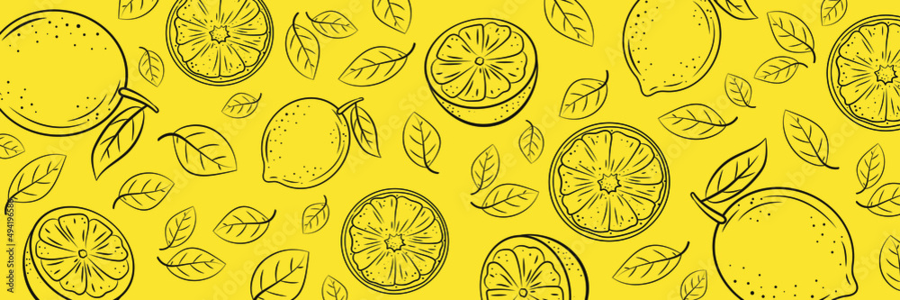 Beautiful background with lemons and leaves. Hand-drawn vector illustration of fruits.                             
 Vintage citrus design. For posters, prints, wallpapers.