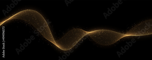 Shimmering golden wave with glitter. Magic lines. Shiny color gold wave design element. Magic light trails abstract Christmas decoration.
