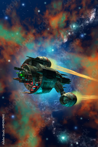 spaceship traveling in space, nebula and stars in the background, 3d illustration