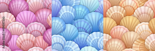 Seashell seamless patterns. Abstract beach background with clam shells. Vector cartoon texture set with blue, pink and brown scallops, tropical bivalve mollusks