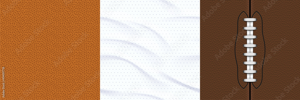 Textures of sports jersey, american football and basket balls surface. Vector realistic set of seamless patterns of pigskin leather with laces, white athletic shirt textile with wrinkles