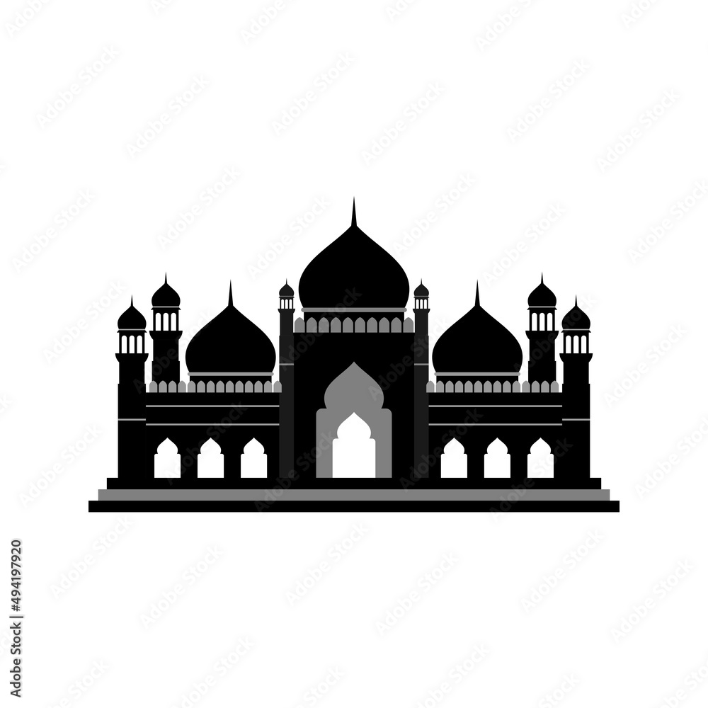 Large Muslim mosque, a place of worship to Allah, vector icon silhouette mosque sign of Islam