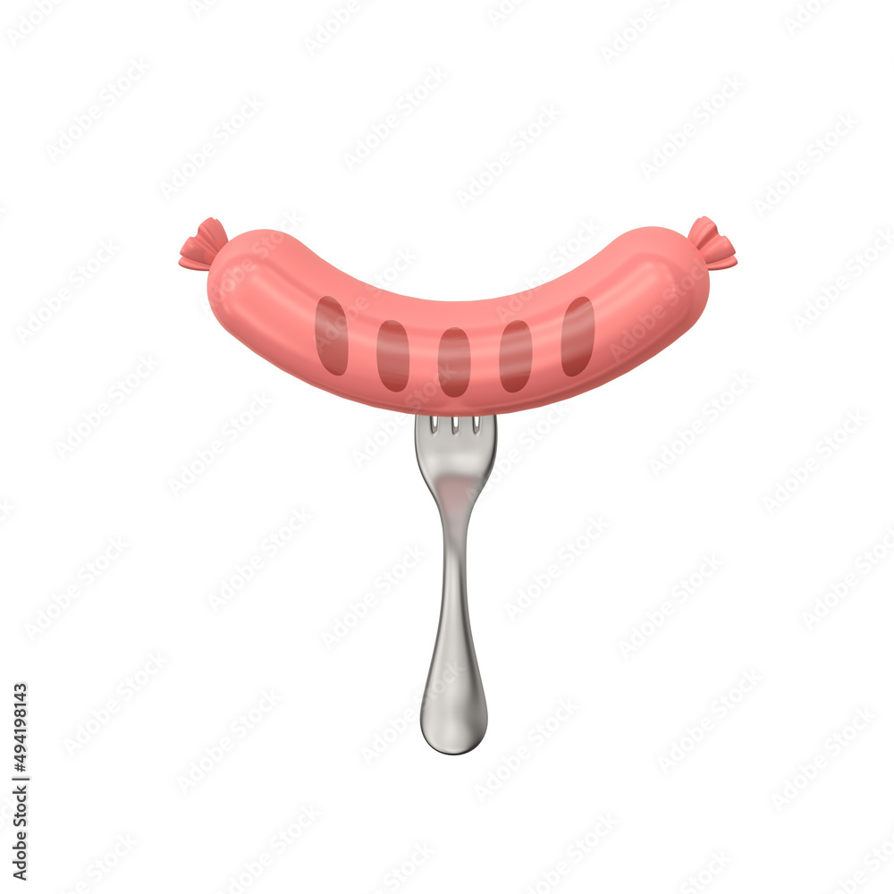 3d render illustration of sausage on a fork. Simple icon for web and app. Modern trendy design. Isolated on blue background. 3d render illustration of sausage on a fork. Simple icon for web and app. Modern trendy design. Isolated on blue background.