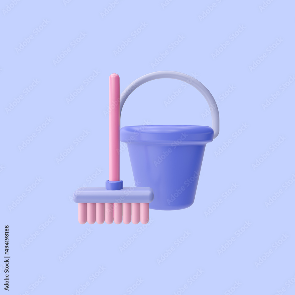 3d render illustration of cleaning, bucket and broom. Simple icon for web and app. Modern trendy design. Isolated on blue background.