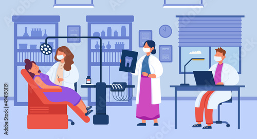 Female cartoon patient visiting dentist clinic. Woman on chair getting dental treatment flat vector illustration. Dental hygiene, healthcare concept for banner, website design or landing web page
