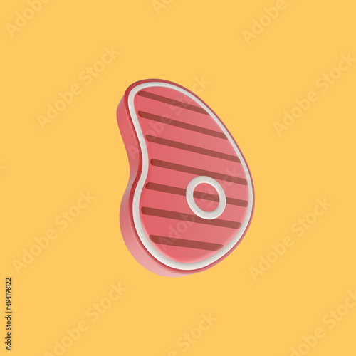 3d render illustration of meat steak. Simple icon for web and app. Modern trendy design. Isolated on yellow background.