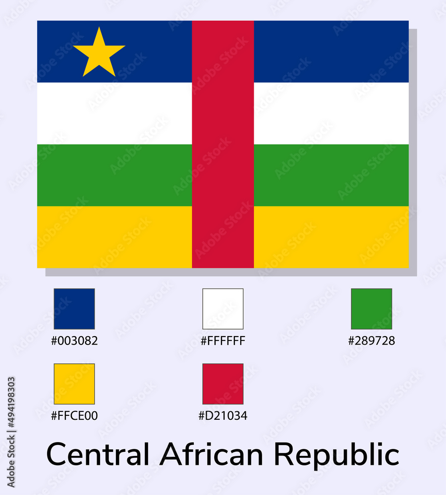 Vector Illustration of Central African Republic flag isolated on light blue background. Illustration Central African Republic flag with Color Codes. As close as possible to the original. vector eps10 Vector Illustration of Central African Republic flag isolated on light blue background. Illustration Central African Republic flag with Color Codes. As close as possible to the original. vector eps10