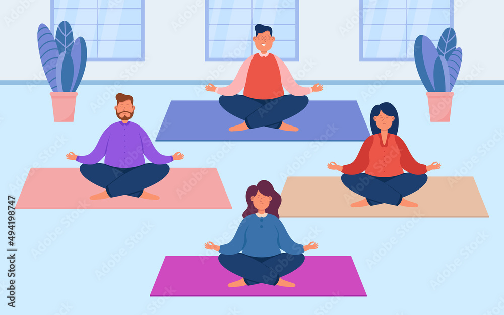 People doing yoga in studio flat vector illustration. Group of business people or office workers trying to relax, sitting in lotus pose on mats, doing physical activity. Mindfulness, sport concept People doing yoga in studio flat vector illustration. Group of business people or office workers trying to relax, sitting in lotus pose on mats, doing physical activity. Mindfulness, sport concept