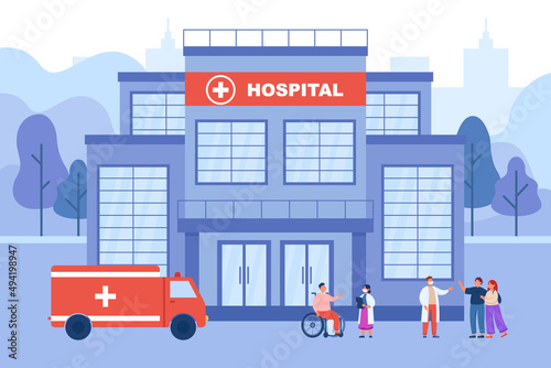 Tiny doctors and patients near hospital flat vector illustration. Therapist in face mask saying goodbye to cured people near medical building and ambulance. Emergency, clinic concept