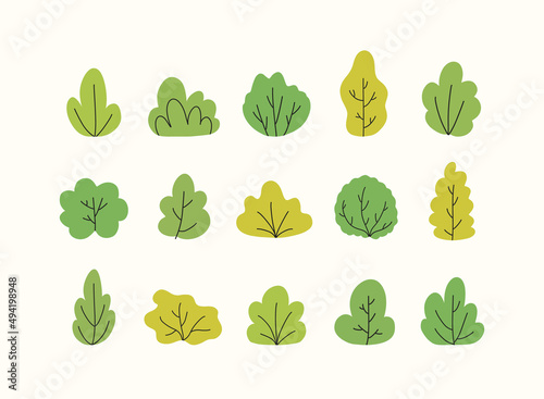 Big bundle of various hand drawn bushes. Vector cartoon illustration. 