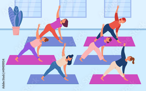 People doing yoga with teacher in gym flat vector illustration. Group of women doing physical activity  gymnastics or exercises together  taking care of health. Yoga class  fitness  sport concept