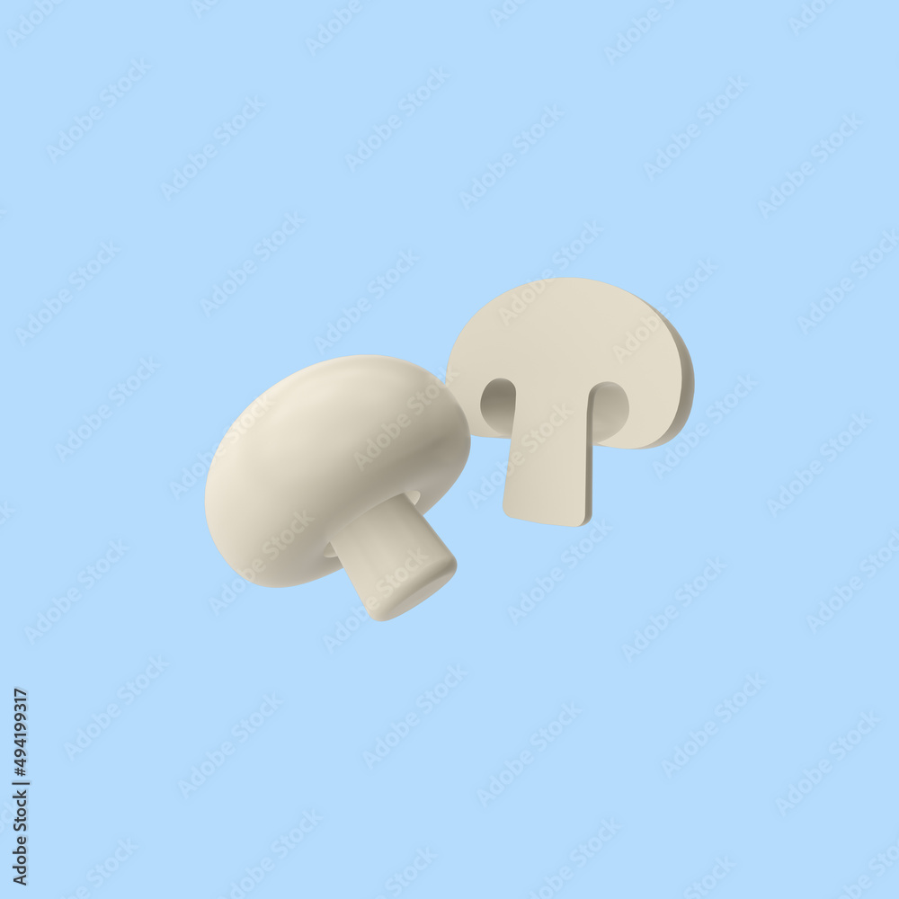 3d render illustration of champignon mushroom. Modern trendy design. Simple icon for web and app. Isolated on blue background.