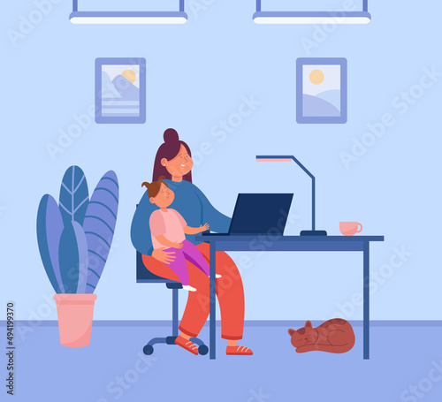 Mom working from home with baby in arms flat vector illustration. Happy new mother sitting at desk with funny kid or child, working online, using computer. Maternity, motherhood, freelance concept