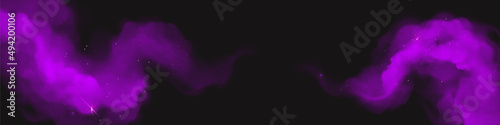 Valokuva Purple magic dust with sparkles, glitter curve powder clouds, Holi paints horizontal banner template