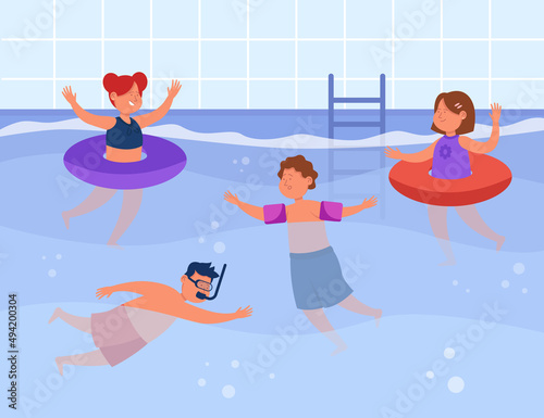 Kids swimming in pool flat vector illustration. Boys and girls in swimwear learning how to swim. Happy children or friends in water. Boy in snorkel swimming underwater. Fitness, vacation concept