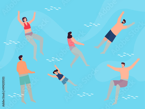Happy cartoon characters swimming in sea or ocean. Men, women and kid playing in water at summer resort flat vector illustration. Vacation, outdoor activity concept for banner or landing web page