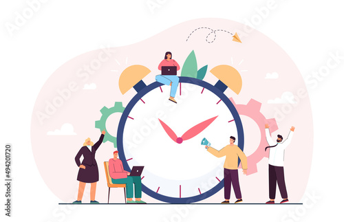 Huge chronometer and team of tiny business cartoon people. Early morning alarm to work or school, countdown, flat vector illustration. Time management, technology concept for banner, website design