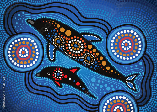 Mother and baby dolphin aboriginal dot painting