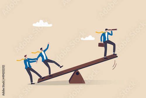 Teamwork or partnership to support leader to success and reach goal, help or assist by team or colleagues, cooperate or togetherness concept, businessmen team members help push seesaw for success.