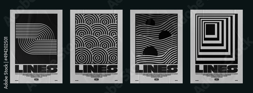 Collection of modern abstract posters with optical lines. Techno style, psychedelic design, prints for t-shirts and sweatshirts. isolated on black background photo