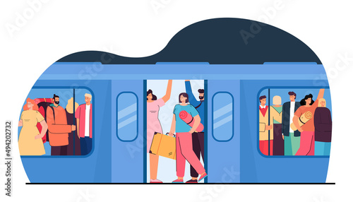 Crowd of cartoon people squeezing tight in metro train. City traveling, overcrowded tube flat vector illustration. Public transport, overpopulation concept for banner, website design or landing page