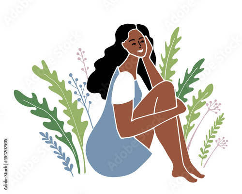 A beautiful African American Latina girl with long black hair in dress sits lounging among the greenery. Woman enjoying nature. Colorful female character isolated on white. Flat, vector illustration.