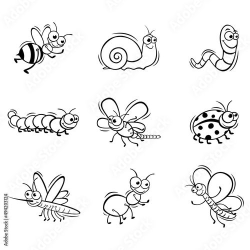 Hand drawn icons set of cute insect in doodle sketch style. Vector illustration for icon, background, frame design.